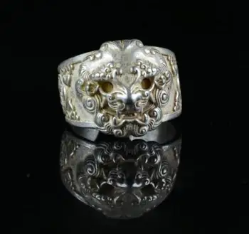 2,5 см Редкое старинное китайское серебряное кольцо Мяо с головой льва по фен-шуй, счастливое ювелирное кольцо на палец