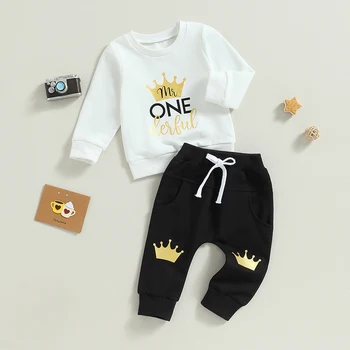 2 шт., одежда для мальчика на 1-й День рождения, Толстовка с длинным рукавом и буквенным принтом в виде короны, Комплект брюк для младенцев