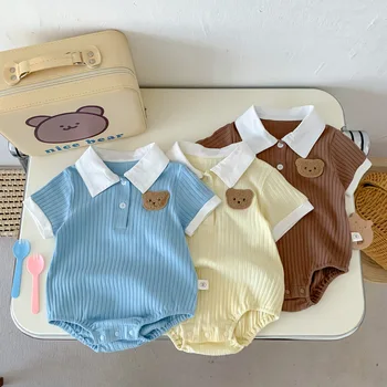 2023 Детская одежда Летний Новый комбинезон с мультяшным медведем для новорожденных мальчиков, трикотажный хлопковый комбинезон с коротким рукавом