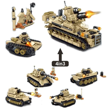 937 штук 4 в 3 строительных конструкторах Army Tiger Tank, фигурки военных, оружие, кирпичи для бронированных автомобилей, игрушки для детей, подарки для мальчиков