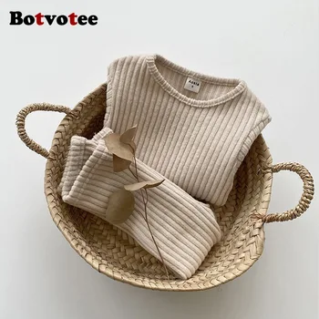 Botvotee/ Осенне-Зимние Комплекты для Детей, Корейские Утепленные Комплекты для Малышей, Хлопковый Однотонный Повседневный Детский Длинный Топ и Обтягивающие брюки