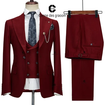 Centne Des Graoom Темно-бордовый Мужской костюм Элегантный однобортный пиджак на 1 пуговице, жилет, Брюки, деловой Повседневный свадебный костюм Homme