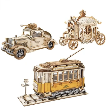 DIY 3D Транспорт Деревянные конструкторы для моделей Винтажный автомобиль Трамвайная карета Подарок для детей и взрослых 2 вида украшений Игрушки