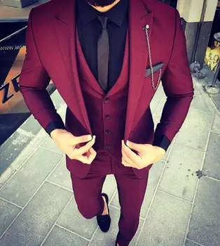 Dibuat Sesuai Pesanan Anggur Merah Slim Fit Jas Pernikahan Prom Pengantin Pria Tuksedo 2 Buah jaket + Celana Dasi