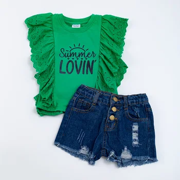 Girlymax/ Летний жилет без рукавов с оборками и буквами для маленьких девочек, топ, джинсовые шорты, джинсовый комплект одежды