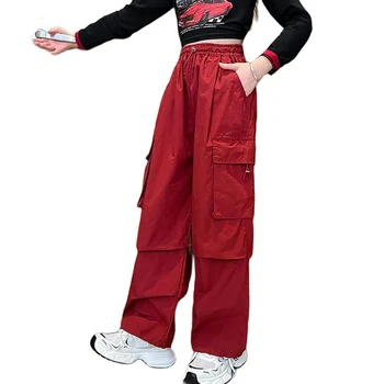 Брюки-карго для девочек, однотонные брюки, повседневные брюки для девочек, детская весенне-осенняя одежда для девочек