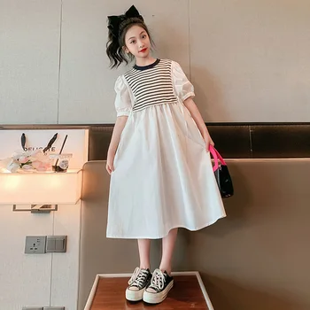 Весна/лето, новое платье для маленьких девочек в корейском стиле, модное свободное облегающее длинное платье в полоску в стиле пэчворк, детские повседневные платья от 5 до 14 лет