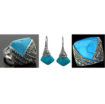 Винтажное кольцо с марказитом из голубого нефрита стерлингового серебра 925 пробы (# 7-10), наборы кулонов и серег