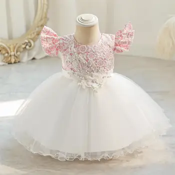 Детские платья 0-24 м, детское платье с цветочным бисером, Розовые аппликации, Одежда для новорожденных девочек, Платья принцессы на День рождения для малышей