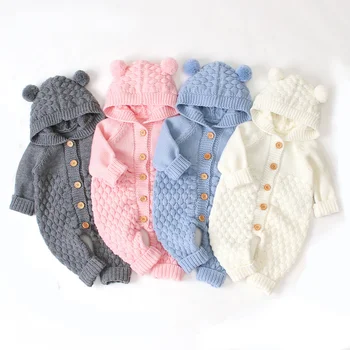 Детский вязаный мишка, цельный осенний свитер для новорожденных мальчиков и девочек, комбинезон с капюшоном с длинным рукавом, Флисовая мягкая однотонная одежда для младенцев