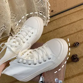 Женские белые высокие кроссовки, парусиновая обувь, спортивная обувь для бега на плоской платформе, резиновая подошва, повседневная обувь в корейском стиле аниме, Вулканизированная весна