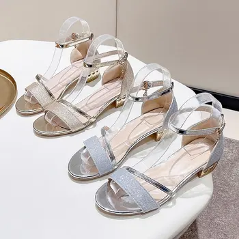 Женские босоножки на каблуке 2023, Повседневная обувь на каблуке, женские летние золотые туфли с открытым носком, женские туфли с квадратным ремешком на щиколотке, Женская обувь на низком каблуке