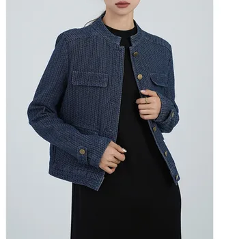 Женщин Элегантный Синий Тонкий Джинсовая Куртка 2023 Осень Трикотажные Текстуры Короткое Верхнее Плечо 