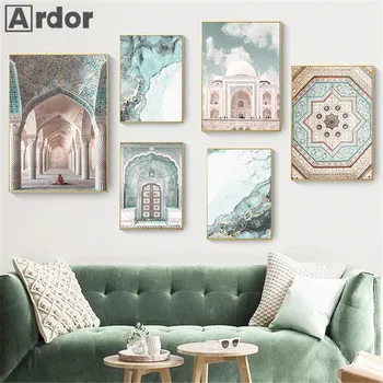 Здание мечети, Зеленая картина, плакат, дверь в Марокко, печать на холсте, Абстрактное мраморное настенное искусство, Исламская картина, декор для дома в гостиной