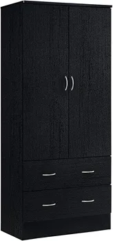 Импортный двухдверный шкаф HODEDAH с двумя выдвижными ящиками и подвесной штангой, черный
