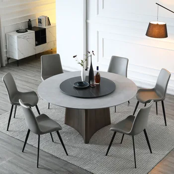 Итальянский минималистичный обеденный стол с круглой каменной плитой, современный бытовой круглый стол с поворотным столом, круглый обеденный стол из углеродистой стали