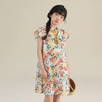Китайское платье для девочек с летним цветочным принтом, элегантная детская одежда Chi-Pao 6, 8, 10, 12 лет