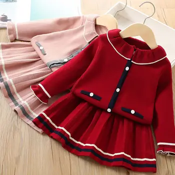 Комплект детских свитеров для девочек 2023, модный Корейский детский однотонный вязаный кардиган, короткая юбка, комплект из двух предметов