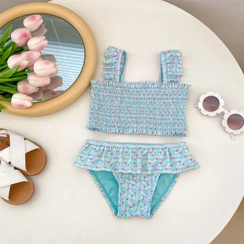 Корейский летний Детский раздельный купальник для девочек 1-4 лет, купальный костюм, Детские топы и шорты на бретельках, Детская пляжная одежда, праздничная одежда