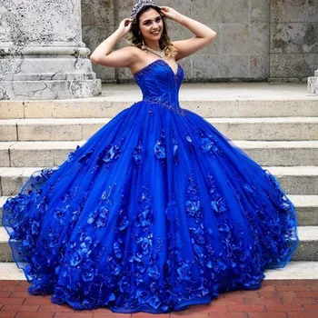 Королевское синее пышное платье, кружевное праздничное платье, бальное платье, Мексиканское платье для девочек на день рождения