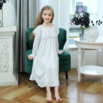 Кружевное платье для девочек, Детская ночная рубашка, однотонное осеннее белое платье принцессы с оборками и длинным рукавом, домашний халат, одежда для сна, Vestido