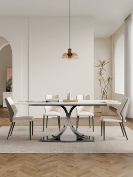 Легкий Роскошный обеденный стол на каменной плите, Высококачественный Домашний Итальянский Прямоугольный обеденный стол из глянцевой нержавеющей стали
