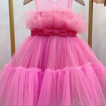 Летнее Новое платье со съемным галстуком-бабочкой для девочек, свадебное платье для подиума для девочек в цветочек, детская пышная юбка для девочек, платье для выступления ведущей
