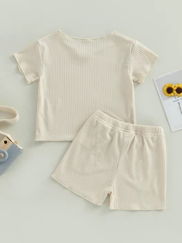 Летняя одежда из 2 предметов для маленьких мальчиков и девочек, однотонные футболки в рубчик, топы, шорты с эластичной резинкой на талии и карманами, комплект повседневной одежды