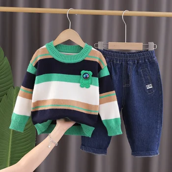 Модная осенняя детская одежда, свитер в полоску и джинсовые брюки, 2 предмета, костюм для маленьких мальчиков, повседневная одежда на 2-6 лет