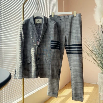 Модный клетчатый костюм TB, мужской черный приталенный пиджак с четырьмя полосками + деловые офисные повседневные брюки, тренд на костюмы-двойки