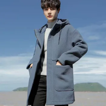 Мужское теплое двустороннее шерстяное пальто с капюшоном на шнуровке, модная простота, Элегантная красивая куртка, осенне-зимнее плотное пальто средней длины