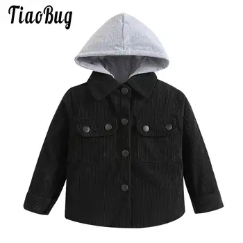 Мягкое вельветовое пальто с капюшоном для мальчиков, детская куртка с воротником с лацканами, длинный рукав, лоскутная толстовка с капюшоном на пуговицах в рубчик, осень