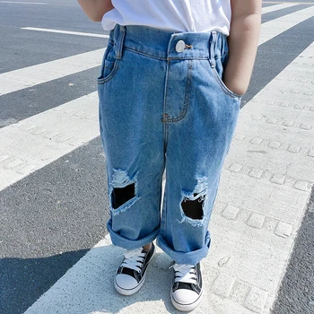 Новые осенние джинсы для мальчиков, брюки для девочек, индивидуальные рваные широкие джинсовые брюки, Весенняя новая модная детская одежда, детская одежда