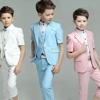 Новый Модный Летний Однотонный костюм Для мальчиков 2023 года из трех предметов (Короткие рукава + Брюки + Жилет) На одной пуговице, Красивый Строгий Комплект