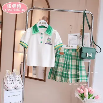 Новый комплект одежды для девочек, летняя футболка с милым принтом, плиссированная юбка, комплект из 2 предметов, школьная одежда для детей от 3 до 15 лет