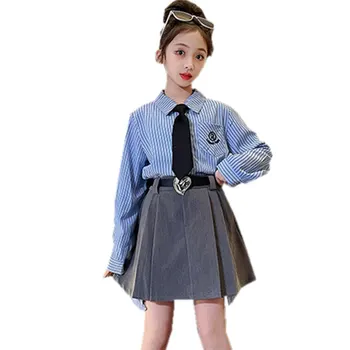 Осенняя Корейская одежда для девочек 5-14 лет, топ + юбка со свободным поясом, модная школьная форма, одежда для детей, наряды