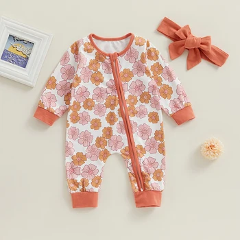 Осенняя одежда Citgeett для новорожденных девочек, комбинезон с длинными рукавами, цветочным рисунком на молнии и милая повязка на голову, осенняя одежда