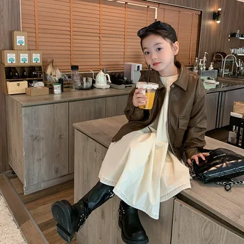 Пальто Детская одежда Воротник с лацканами из искусственной кожи Для осенних девочек в Корейском стиле, свободный Теплый Модный Отложной воротник, карман для одежды