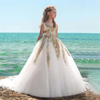 Платье для девочки в цветочек, Белое Пышное Свадебное платье из тюля с золотыми блестками, Элегантное платье для первого Причастия ребенка в цветочек На день рождения