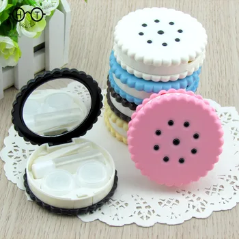 Портативная коробка для контактных линз с мультяшным печеньем и зеркалом, модный мини-футляр для контактных линз карамельного цвета, косметический контейнер для контактных линз