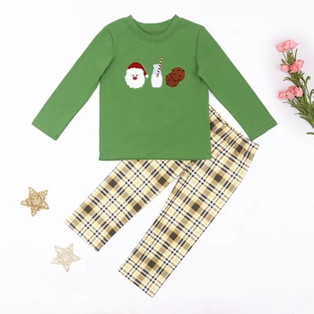 Рождественская осенняя детская одежда, Зеленый комплект с Санта-Клаусом и вышивкой из конфетного печенья для мальчиков, Длинные брюки с круглым вырезом из хлопчатобумажной ткани