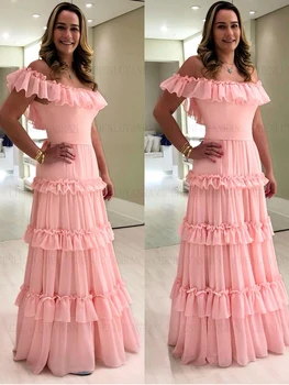Розовые Шифоновые Платья для Матери Невесты 2023, Свадебные Платья С Открытыми Плечами, Многоуровневое Элегантное Платье Трапециевидной Формы Для Женщин