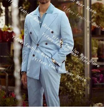 Светло-голубой Элегантный комплект дизайнерской одежды, мужской костюм для парня, приталенный блейзер, брюки, сшитое на заказ платье для свадебной церемонии