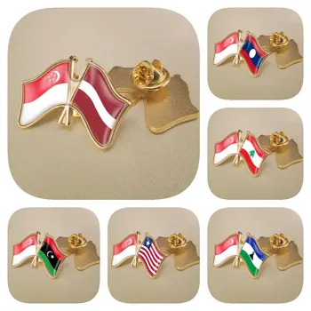 Сингапур и Лаосская Народно-Демократическая Республика Латвия, Ливан, Лесото, Либерия, Ливия, Флаги Дружбы с двойным скрещиванием, булавки для лацканов