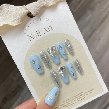 Синий пресс ручной работы на ногтях с блестящим дизайном, Многоразовые французские накладные ногти с клеем, оригинальные типсы для ногтей, нейл-арт Y2k
