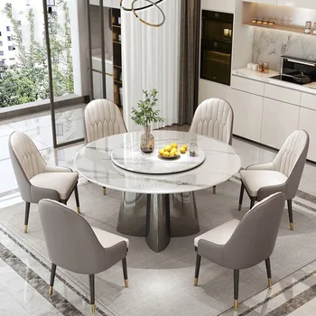 Современный роскошный обеденный стол из каменной плиты и сочетание стула, минималистичный французский круглый стол с поворотным столиком
