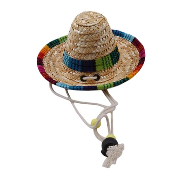 Соломенное Сомбреро Мексиканская шляпа с регулируемой пряжкой для домашних животных Многоцветная Соломенная шляпа для собак и кошек