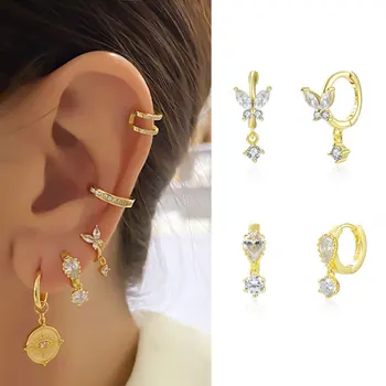 Спиральный пирсинг мочки уха, серьги-бабочки для женщин, серьги-кольца с кристаллами циркона, золотые украшения для пирсинга ушей