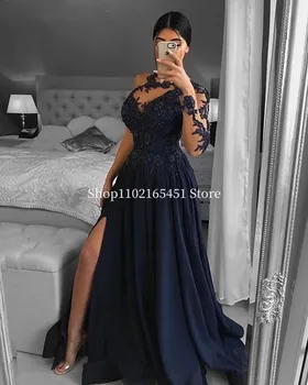 Темно-синие платья для выпускного вечера в Дубае Трапециевидной формы с разрезом на одно плечо, Кружевные вечерние платья с бисером, вечерние платья с длинным рукавом, Vestidos Robe De Soiree