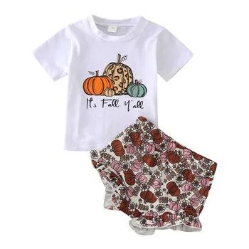 Топы с короткими рукавами и надписями на Хэллоуин для девочек, футболка с принтом тыквы, шорты, наряды для девочек, большие наряды, детские ползунки